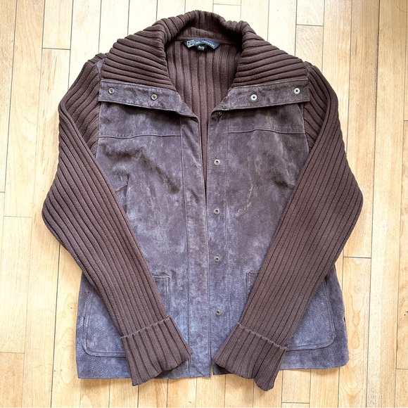 VINTAGE STYLE CHOCOLATE SUEDE LEATHER KNIT BLAZER JACKET OVERSIZED RELAXED M-XL - Picture 1 of 12